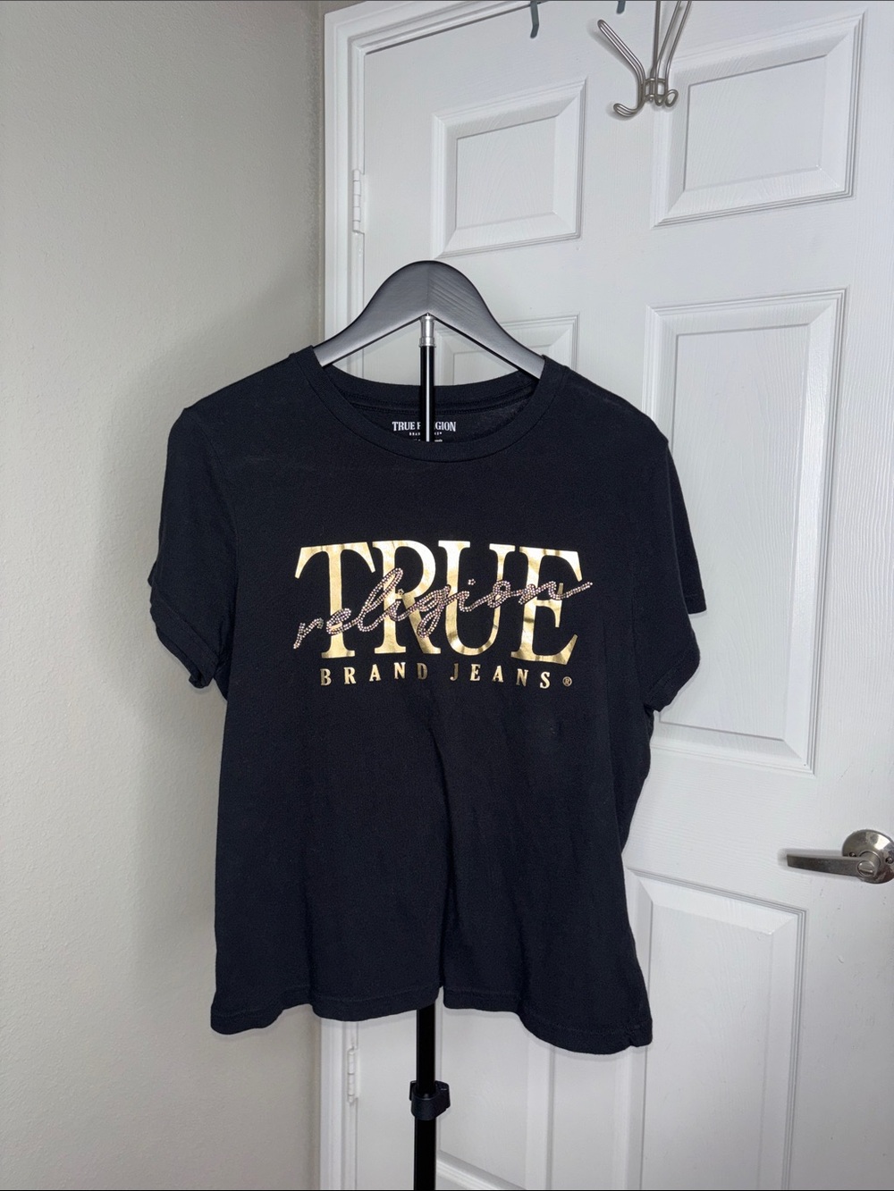 True Religion Black Tee with Metallic Gold Logo
